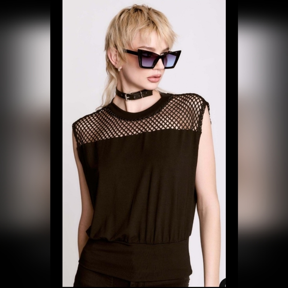 Midnight Hour Womens Fishnet Blouson Top Black Size XS